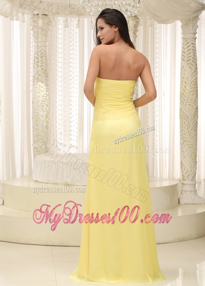 Strapless Light Yellow Chiffon Prom Dresses with High Slit and Brush Train