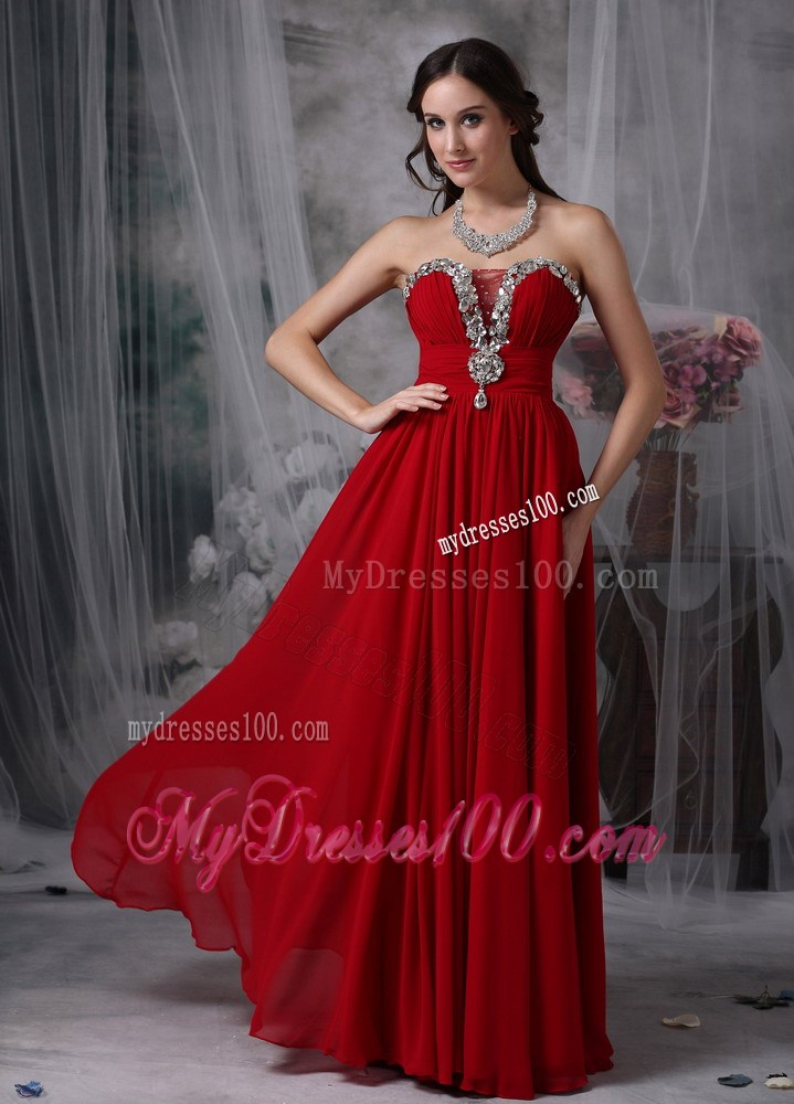 Beading and Ruches Decorate Strapless Floor-length Chiffon Prom Gown in Wine Red