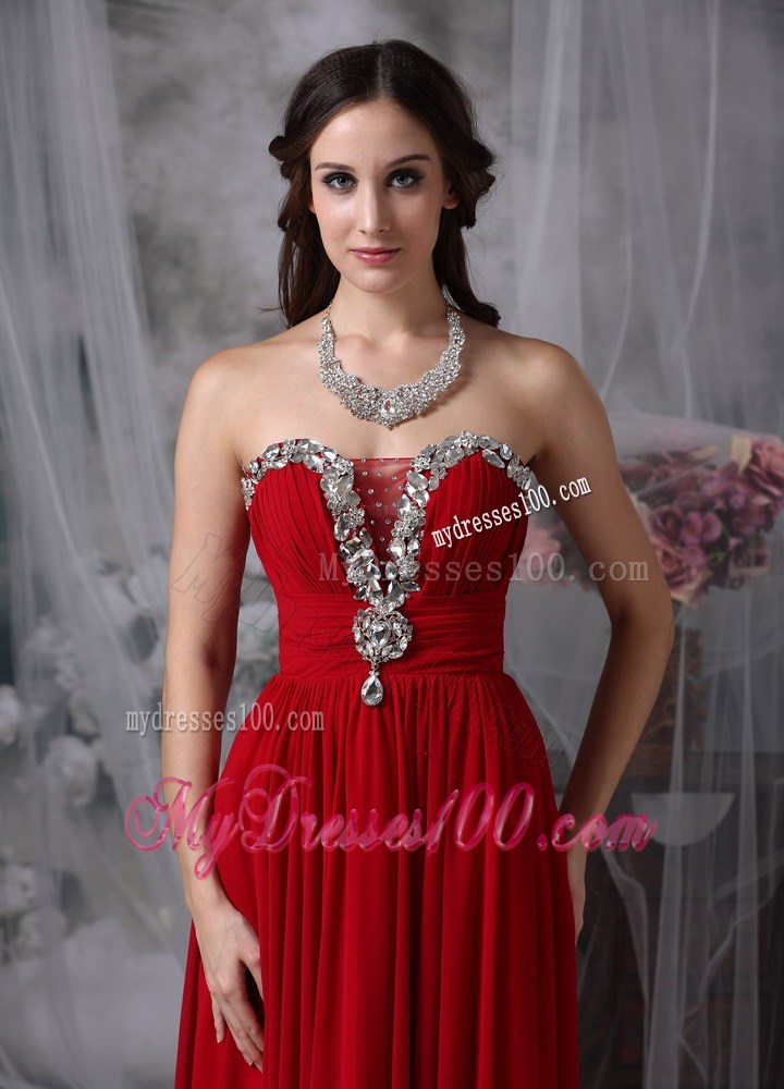 Beading and Ruches Decorate Strapless Floor-length Chiffon Prom Gown in Wine Red