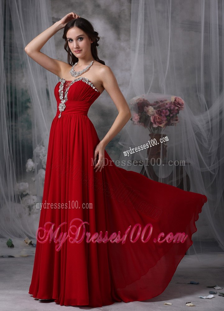 Beading and Ruches Decorate Strapless Floor-length Chiffon Prom Gown in Wine Red