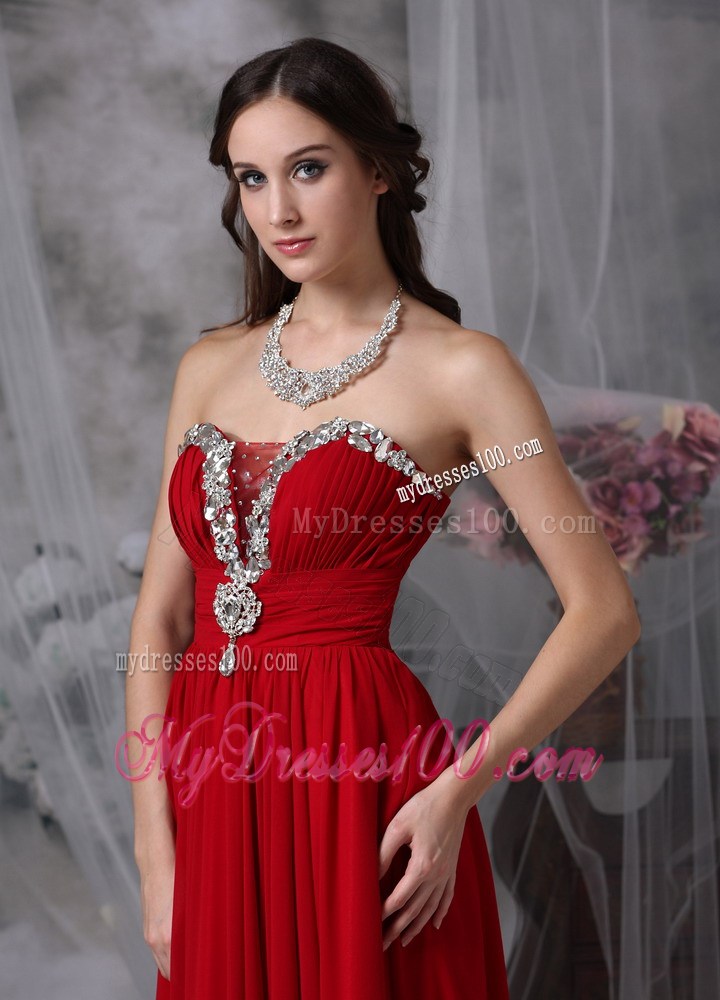 Beading and Ruches Decorate Strapless Floor-length Chiffon Prom Gown in Wine Red