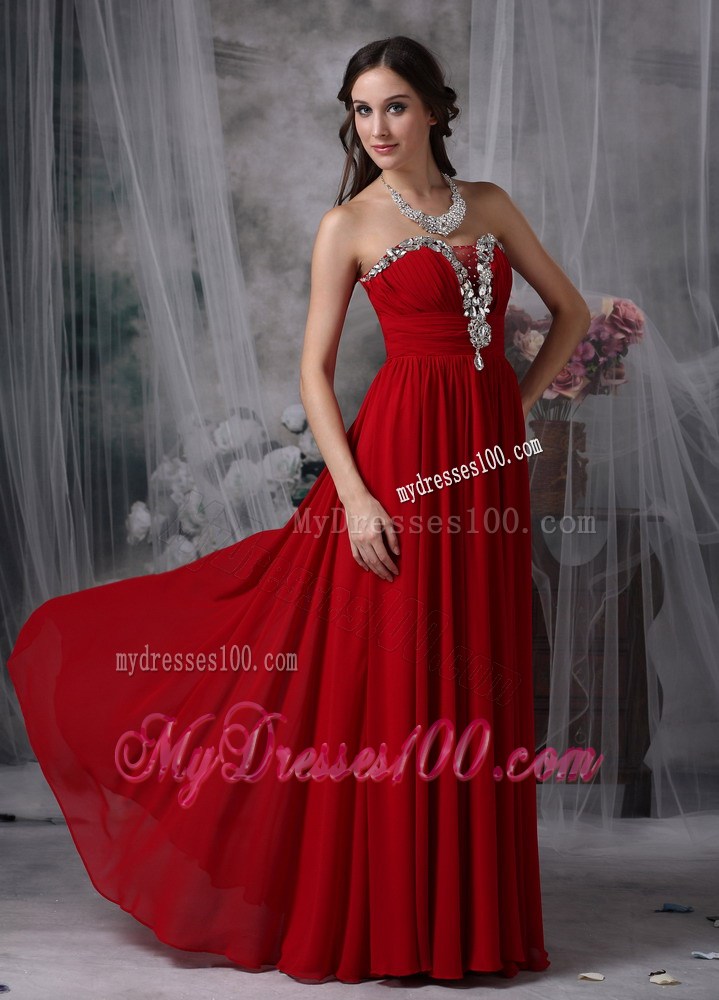 Beading and Ruches Decorate Strapless Floor-length Chiffon Prom Gown in Wine Red