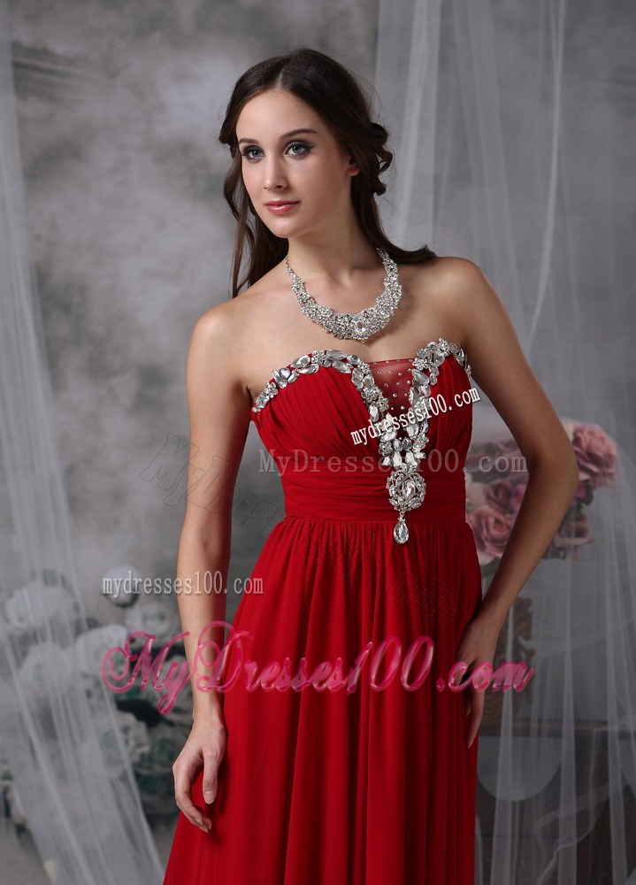 Beading and Ruches Decorate Strapless Floor-length Chiffon Prom Gown in Wine Red
