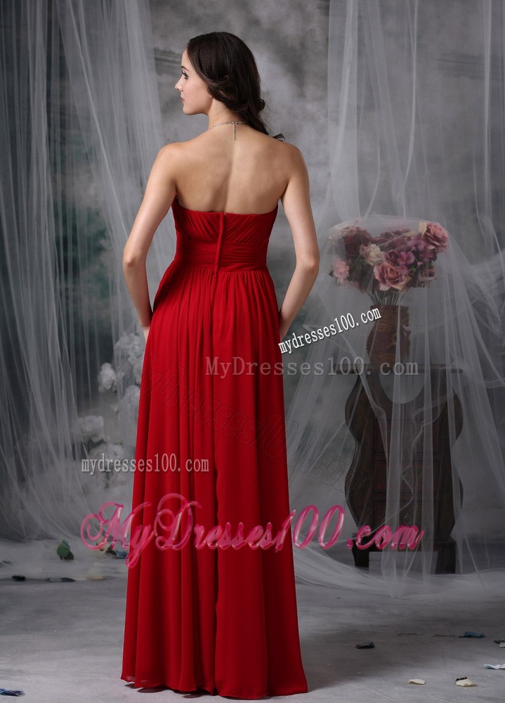 Beading and Ruches Decorate Strapless Floor-length Chiffon Prom Gown in Wine Red