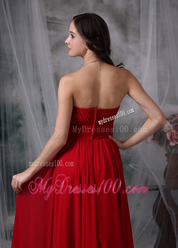 Beading and Ruches Decorate Strapless Floor-length Chiffon Prom Gown in Wine Red