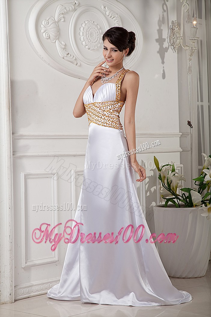 White A-line Straps Brush Train Beaded Prom Gowns with Criss Cross Back