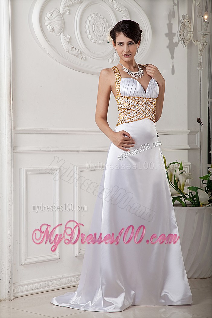 White A-line Straps Brush Train Beaded Prom Gowns with Criss Cross Back