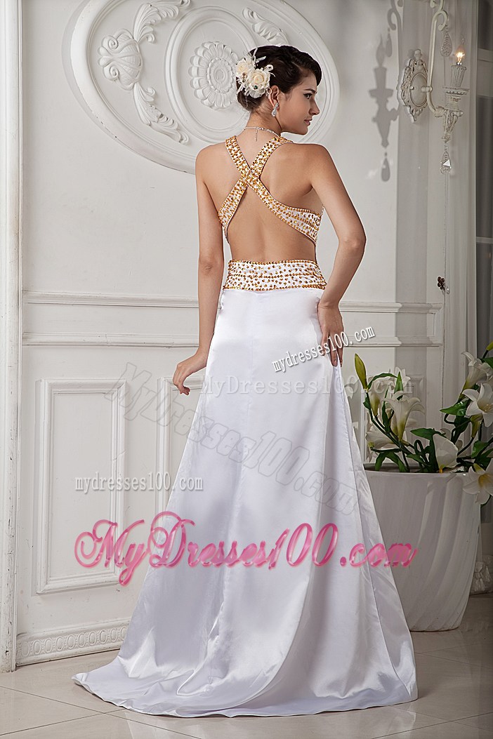 White A-line Straps Brush Train Beaded Prom Gowns with Criss Cross Back