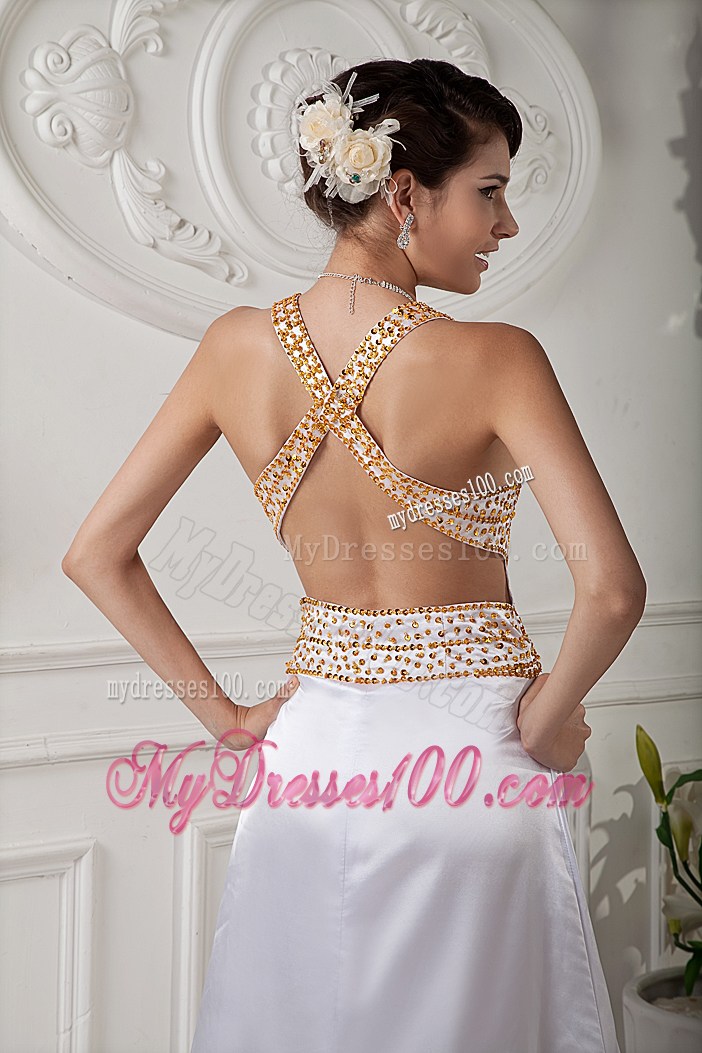 White A-line Straps Brush Train Beaded Prom Gowns with Criss Cross Back