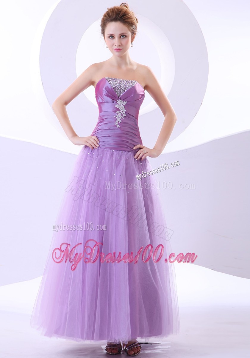 Beading and Appliques Accent on Ruched Lavender Tulle Ankle-length Prom Gown