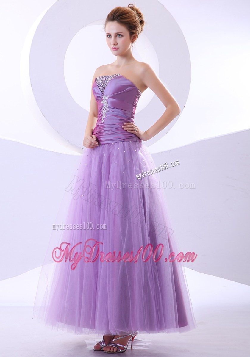 Beading and Appliques Accent on Ruched Lavender Tulle Ankle-length Prom Gown
