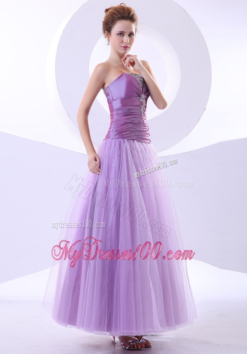 Beading and Appliques Accent on Ruched Lavender Tulle Ankle-length Prom Gown