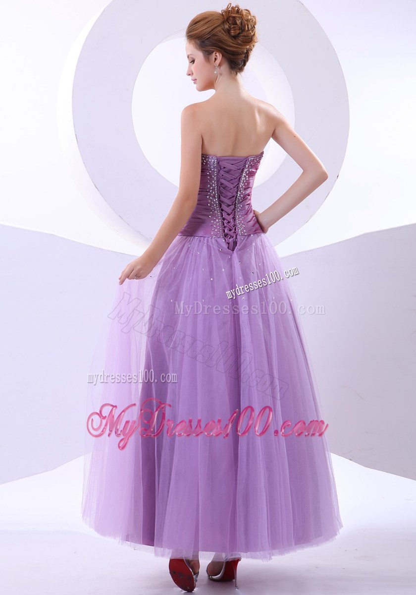 Beading and Appliques Accent on Ruched Lavender Tulle Ankle-length Prom Gown