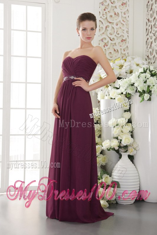 Ruches and Beading Accent on Dark Purple Chiffon Prom Gown in Dark Purple