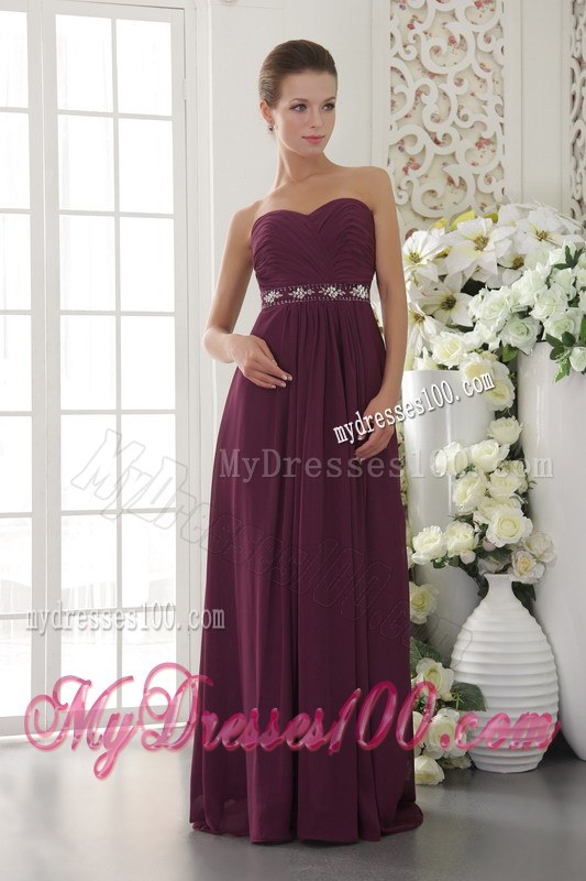 Ruches and Beading Accent on Dark Purple Chiffon Prom Gown in Dark Purple
