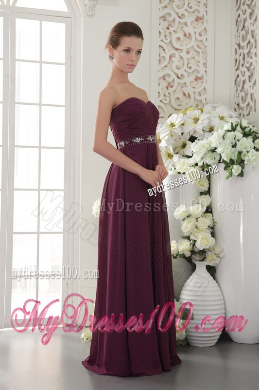 Ruches and Beading Accent on Dark Purple Chiffon Prom Gown in Dark Purple