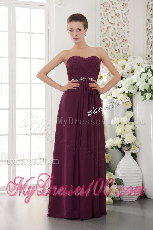 Ruches and Beading Accent on Dark Purple Chiffon Prom Gown in Dark Purple