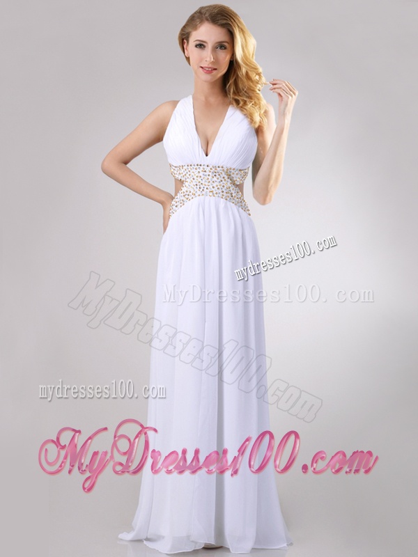 Beautiful Deep V Neckline Evening Dress with Beaded Decorated Criss Cross
