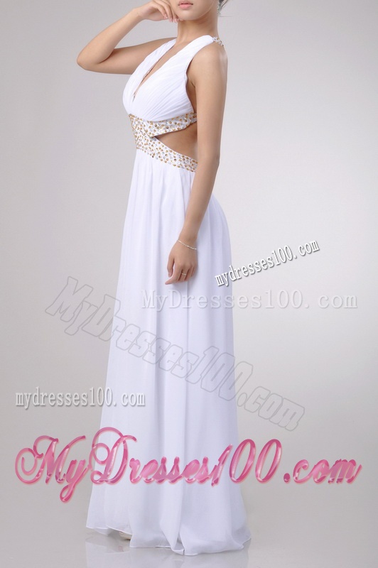 Beautiful Deep V Neckline Evening Dress with Beaded Decorated Criss Cross
