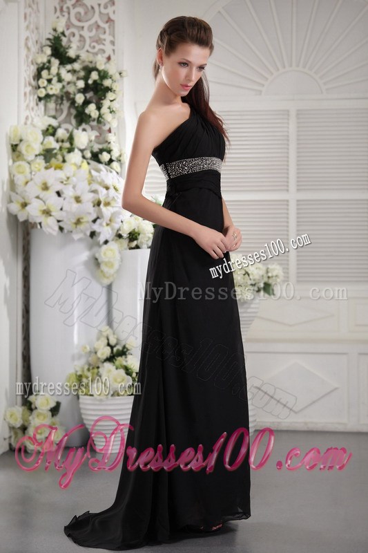 One Shoulder Black Chiffon Ruched Prom Gowns with Brush Train and Cutout
