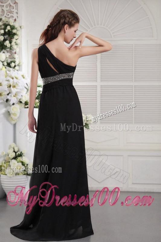 One Shoulder Black Chiffon Ruched Prom Gowns with Brush Train and Cutout