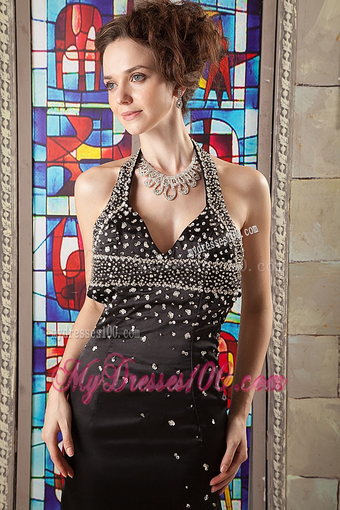Halter Beading Accent on Black Brush Prom Gown with Cutout Back