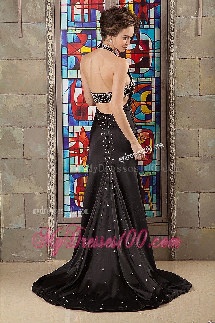 Modest Black Column Evening Dress Halter Taffeta Beading Brush Train