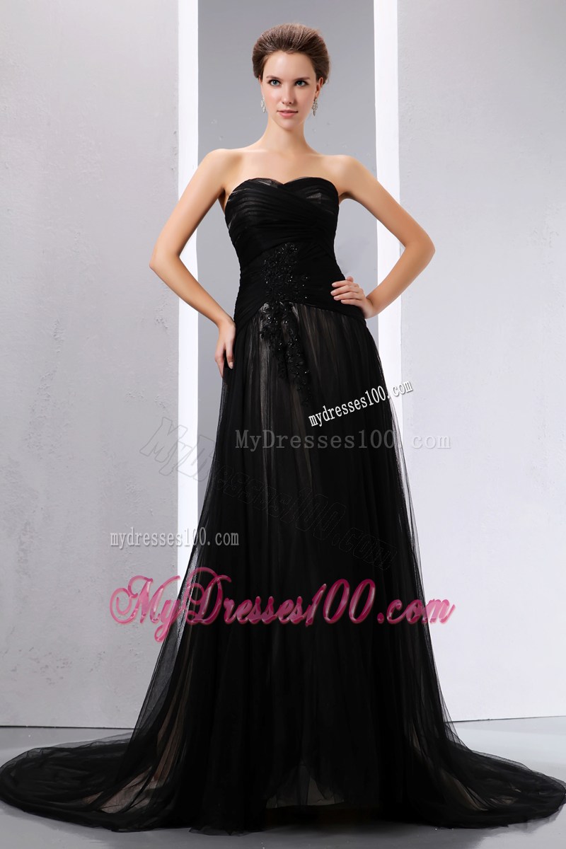 Black Empire Sweetheart Sleeveless Tulle Prom Gowns with Court Train