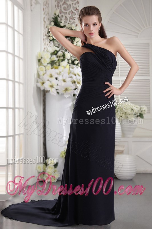 One Shoulder Black Column Chiffon Ruched Prom Dresses with Court Train