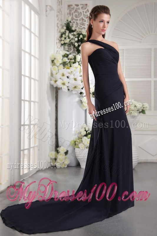 One Shoulder Black Column Chiffon Ruched Prom Dresses with Court Train