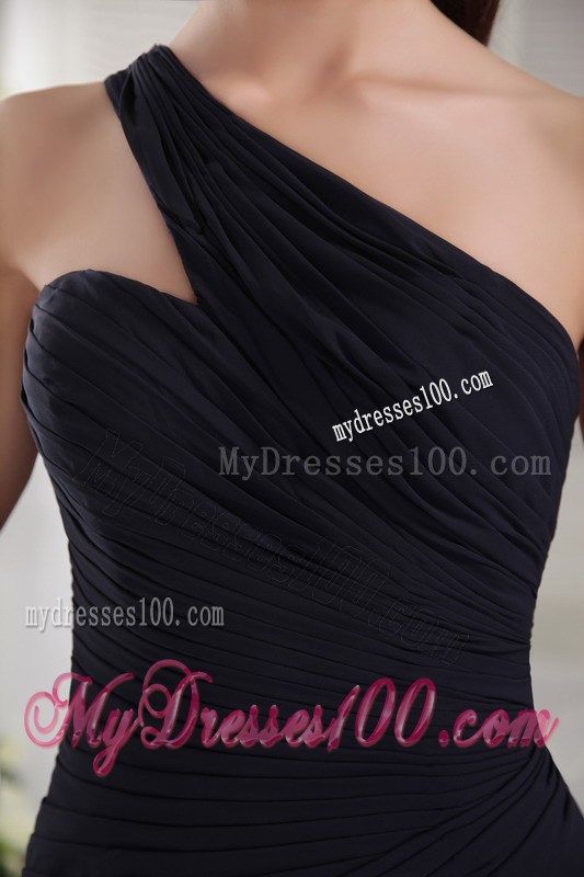One Shoulder Black Column Chiffon Ruched Prom Dresses with Court Train