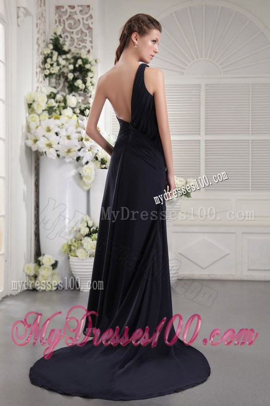 One Shoulder Black Column Chiffon Ruched Prom Dresses with Court Train