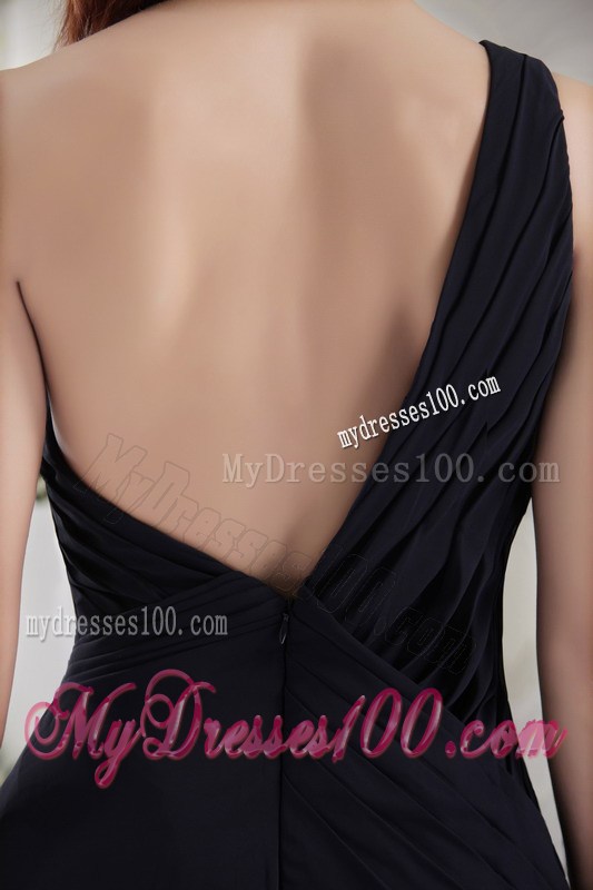 One Shoulder Black Column Chiffon Ruched Prom Dresses with Court Train