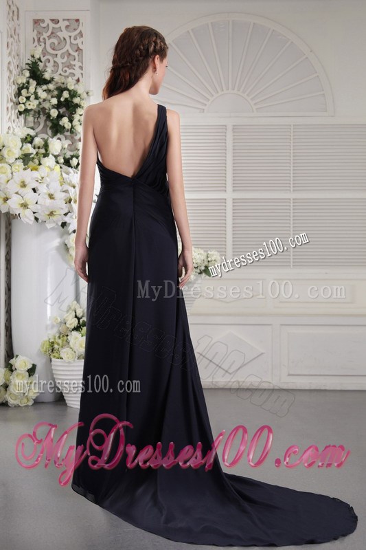 One Shoulder Black Column Chiffon Ruched Prom Dresses with Court Train