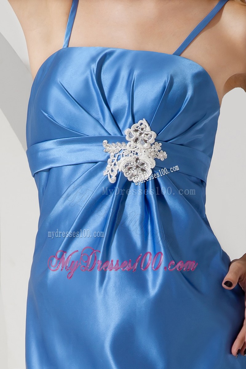 Appliqued and Ruched Blue Prom Dress of Spaghetti Straps and Floor-length