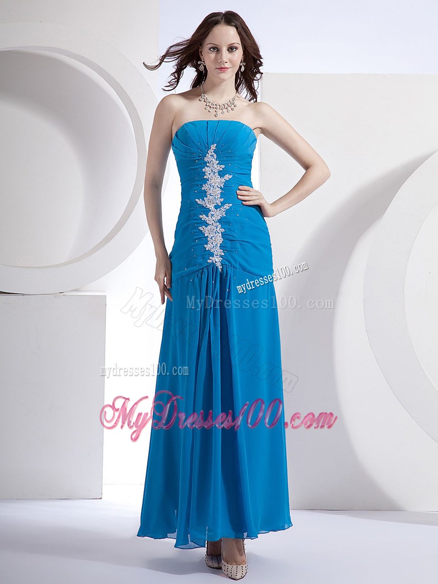 Exquisite Appliqued and Ruched Blue Chiffon Gowns for Prom of Ankle-length