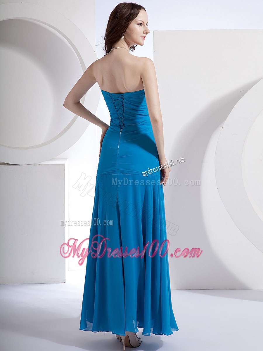 Exquisite Appliqued and Ruched Blue Chiffon Gowns for Prom of Ankle-length