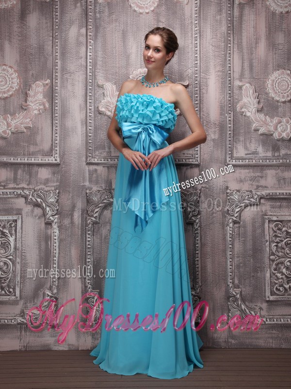 Ruffles and Bowknot Sash Accent Floor-length Prom Dress in Turquoise Chiffon