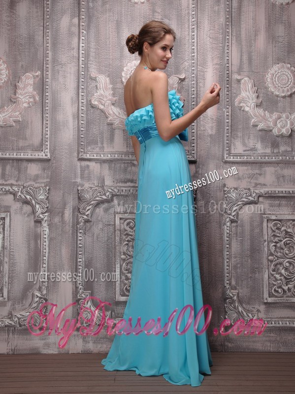Ruffles and Bowknot Sash Accent Floor-length Prom Dress in Turquoise Chiffon