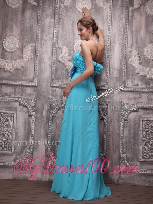 Ruffles and Bowknot Sash Accent Floor-length Prom Dress in Turquoise Chiffon