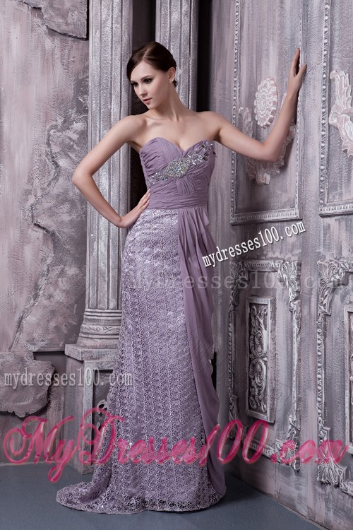 Column Sweetheart Lavender Sleeveless Brush Train Gowns for Prom with Beading