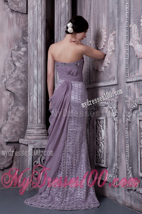 Column Sweetheart Lavender Sleeveless Brush Train Gowns for Prom with Beading