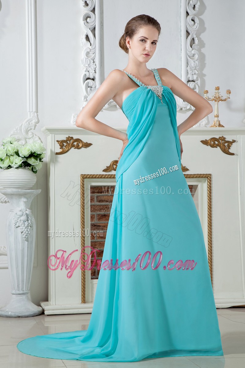 Beautiful V-neck Beaded and Ruched Turquoise Dresses for Prom of Brush Train