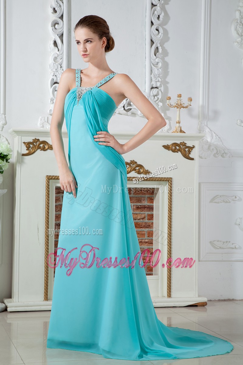 Beautiful V-neck Beaded and Ruched Turquoise Dresses for Prom of Brush Train