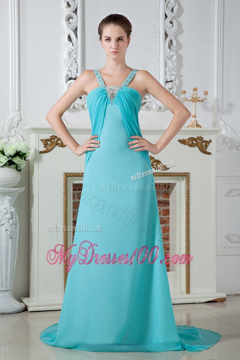 Beautiful V-neck Beaded and Ruched Turquoise Dresses for Prom of Brush Train