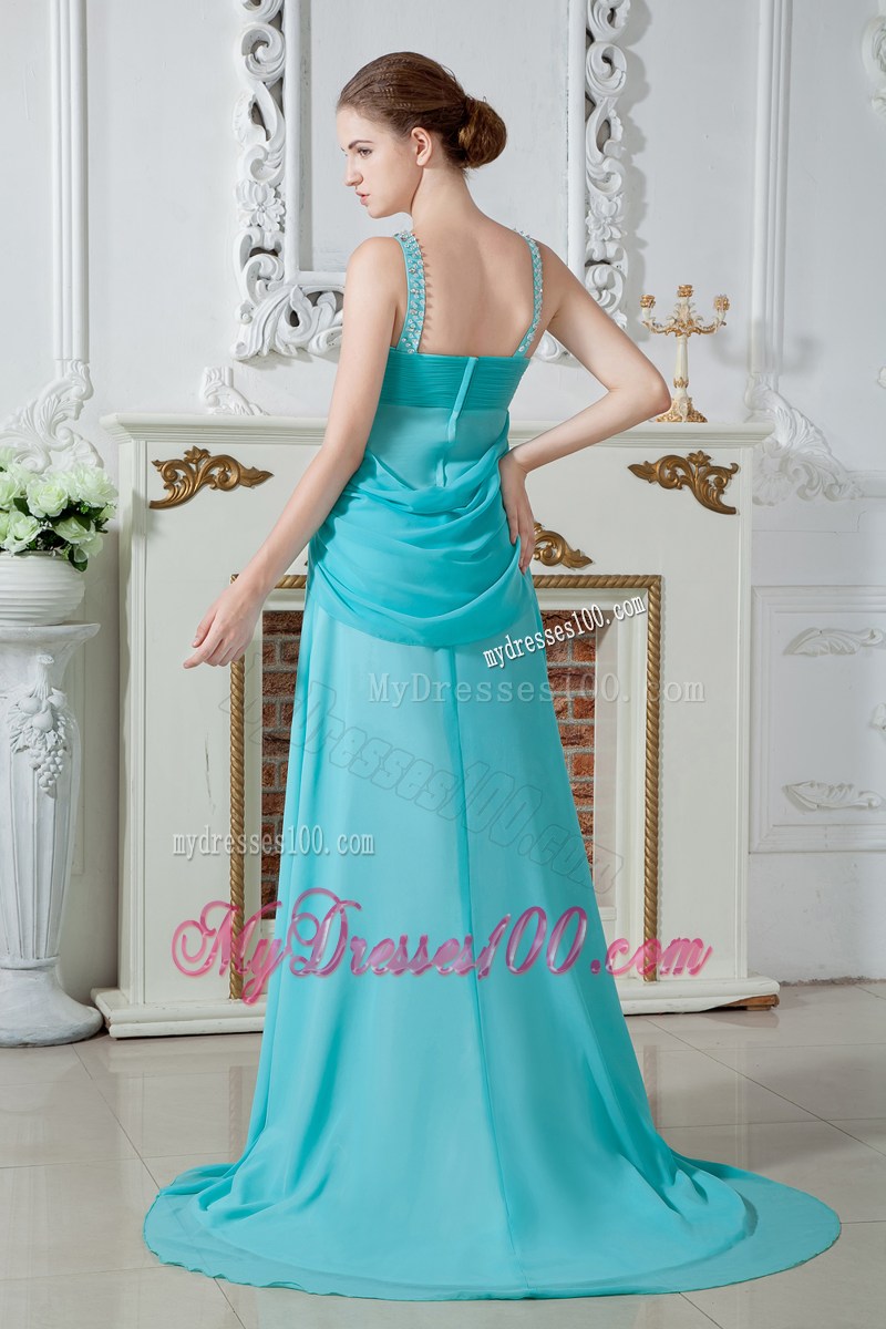 Beautiful V-neck Beaded and Ruched Turquoise Dresses for Prom of Brush Train