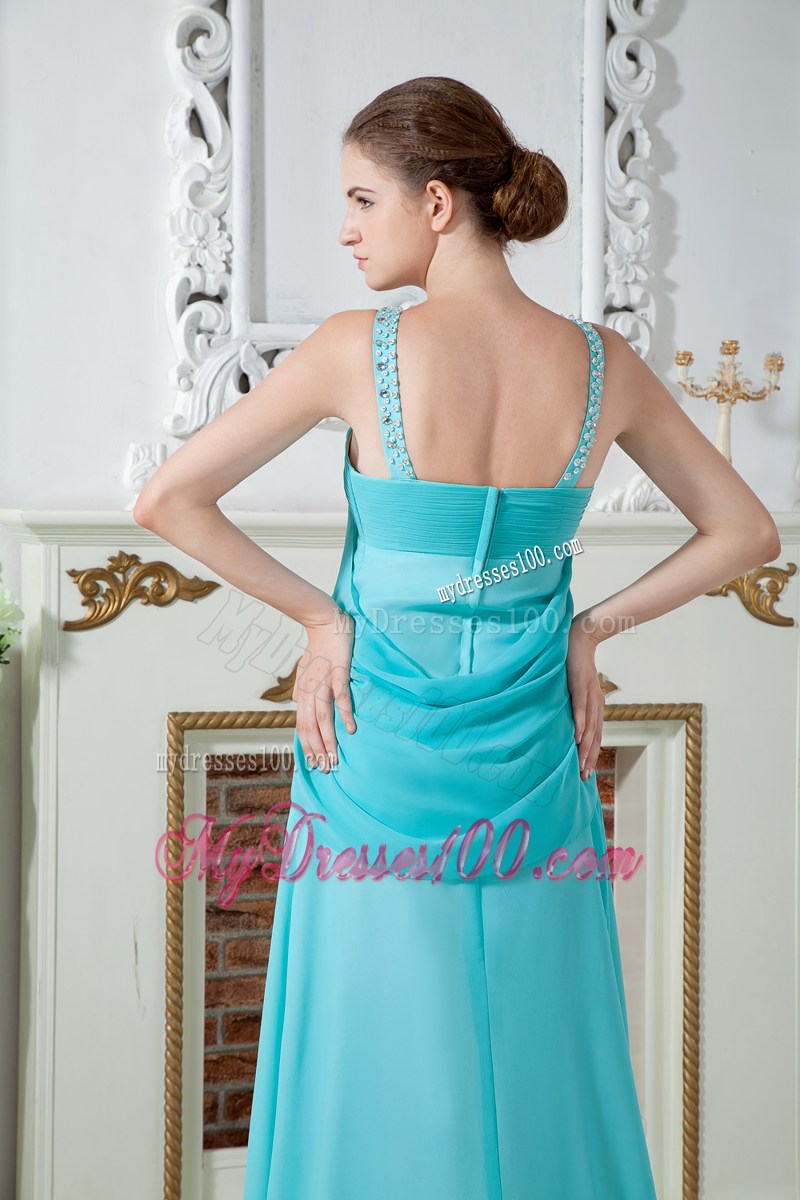 Beautiful V-neck Beaded and Ruched Turquoise Dresses for Prom of Brush Train
