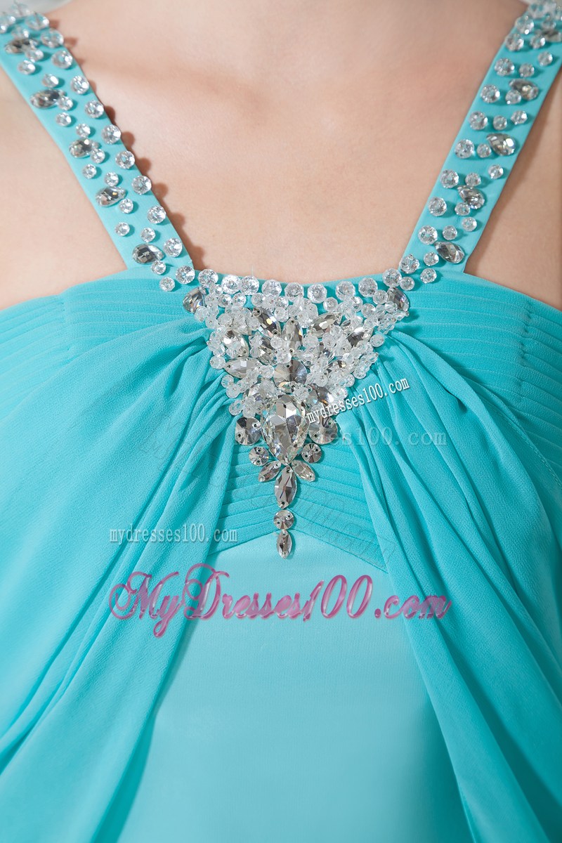 Beautiful V-neck Beaded and Ruched Turquoise Dresses for Prom of Brush Train