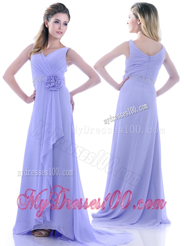 Brush Train Lavender Evening Dress with Beading and Hand Crafted Flower