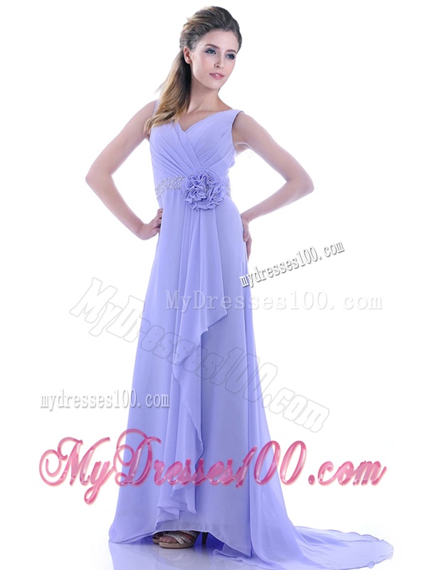 Brush Train Lavender Evening Dress with Beading and Hand Crafted Flower